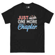 The phrase "JUST ONE MORE Chapter" with "JUST" in red, "ONE MORE" in white, and "Chapter" in blue script. An open book with hearts and stars is to the right of "JUST ONE MORE".