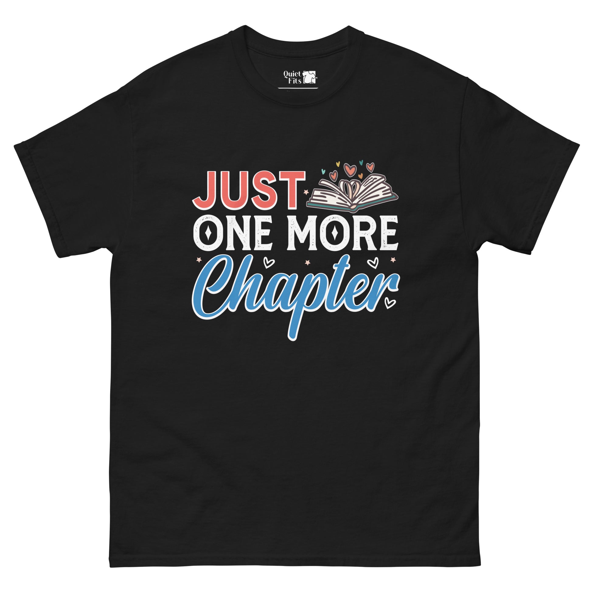 The phrase "JUST ONE MORE Chapter" with "JUST" in red, "ONE MORE" in white, and "Chapter" in blue script. An open book with hearts and stars is to the right of "JUST ONE MORE".