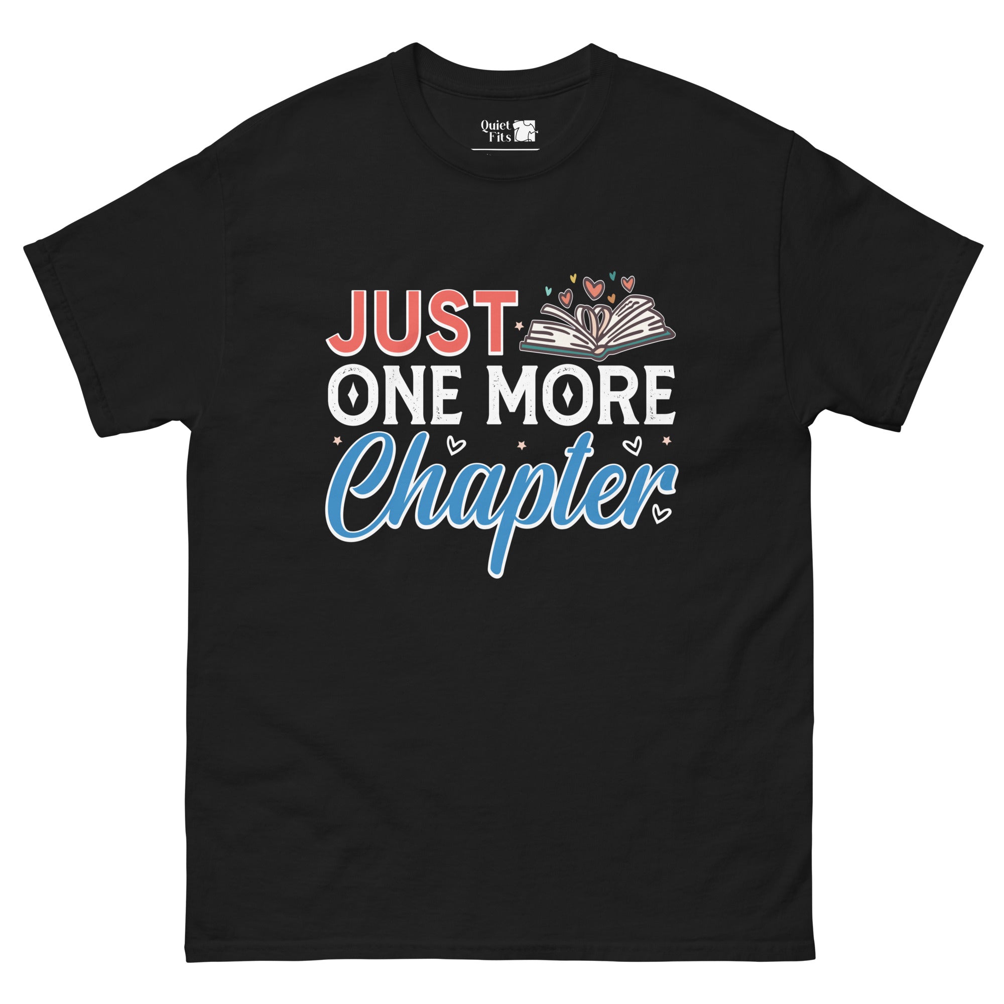 The phrase "JUST ONE MORE Chapter" with "JUST" in red, "ONE MORE" in white, and "Chapter" in blue script. An open book with hearts and stars is to the right of "JUST ONE MORE".