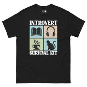 The words "INTROVERT" and "SURVIVAL KIT" in a bold, white, rounded font, separated by four colored squares. The top left square is light blue with a faint open book icon. The top right is light brown with faint headphones. The bottom left is light green with a faint coffee cup. The bottom right is light blue with a faint cat silhouette.