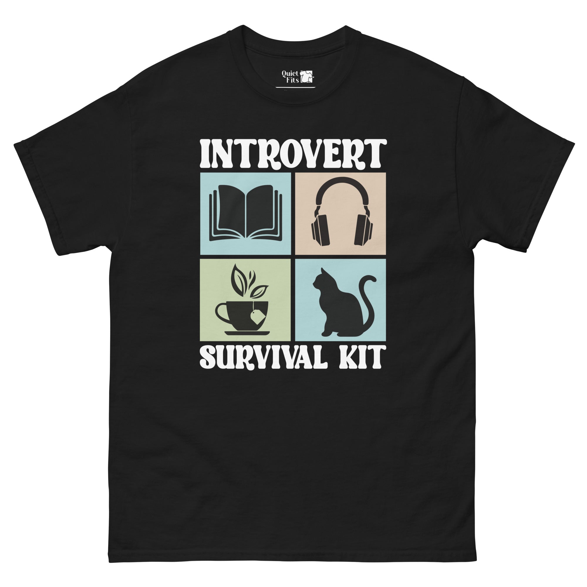 The words "INTROVERT" and "SURVIVAL KIT" in a bold, white, rounded font, separated by four colored squares. The top left square is light blue with a faint open book icon. The top right is light brown with faint headphones. The bottom left is light green with a faint coffee cup. The bottom right is light blue with a faint cat silhouette.
