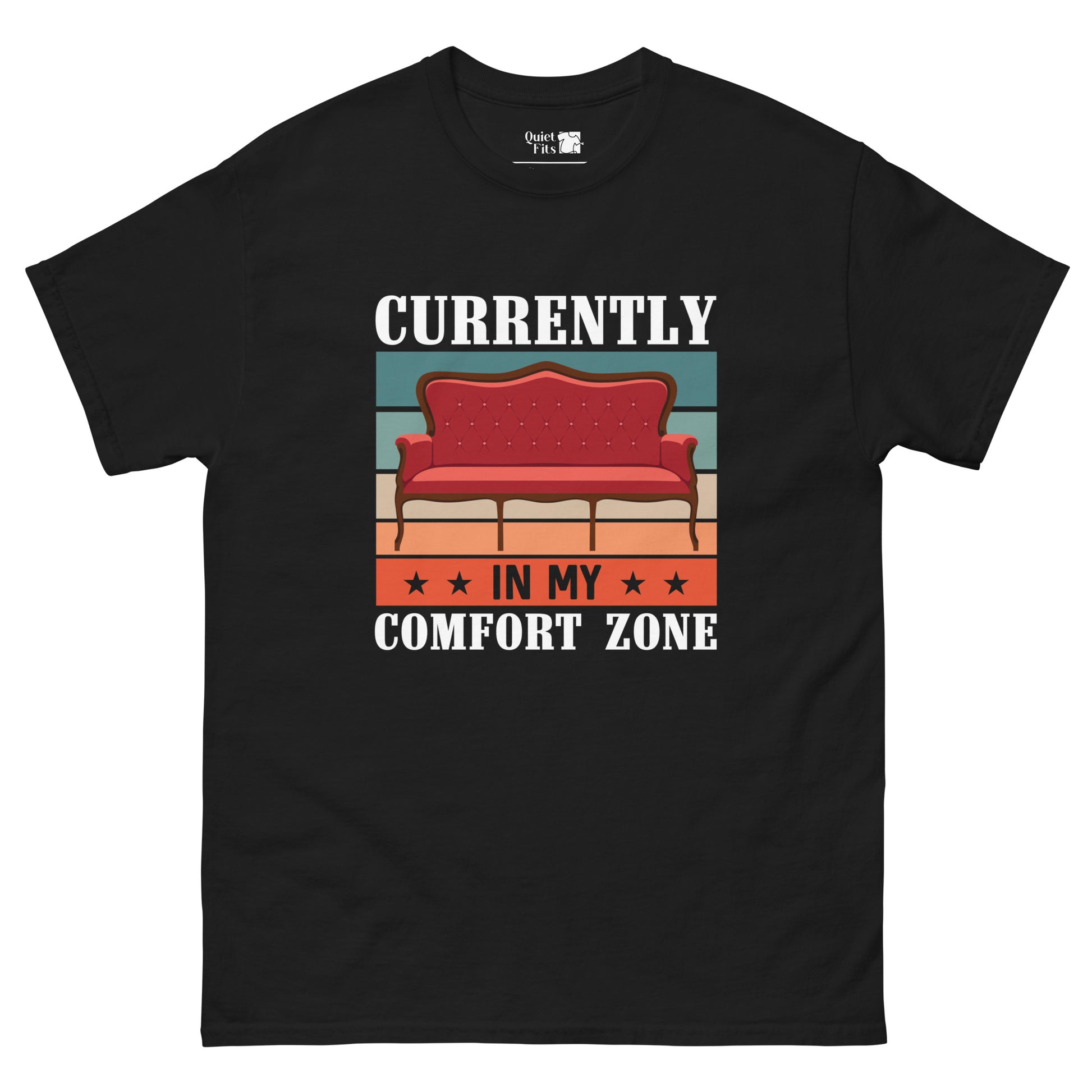 A design with a vintage red sofa centered on a background of horizontal stripes in teal, light yellow, and orange. The white text "CURRENTLY" is at the top, and "IN MY COMFORT ZONE" is at the bottom, separated by an orange stripe with black stars.