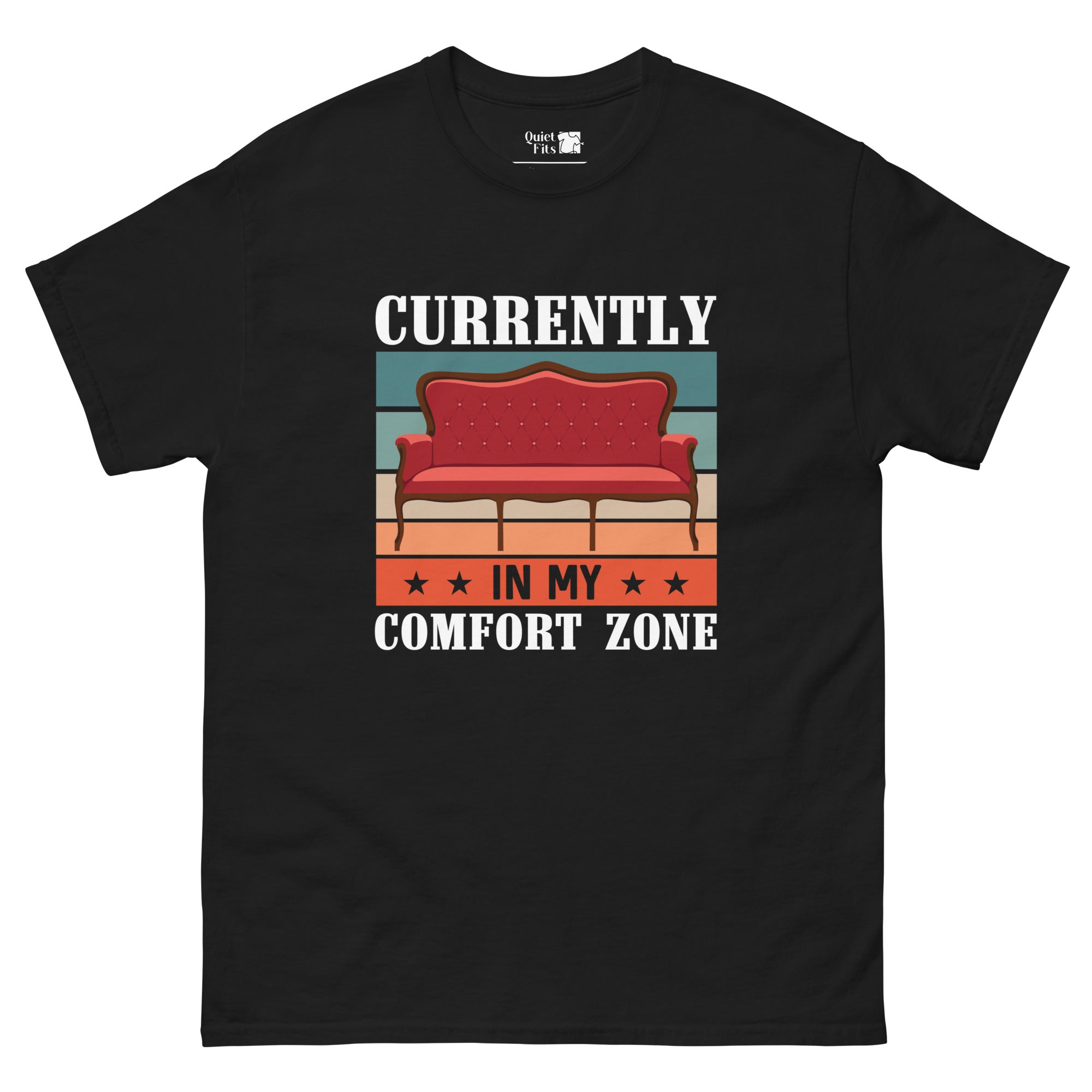 A design with a vintage red sofa centered on a background of horizontal stripes in teal, light yellow, and orange. The white text "CURRENTLY" is at the top, and "IN MY COMFORT ZONE" is at the bottom, separated by an orange stripe with black stars.