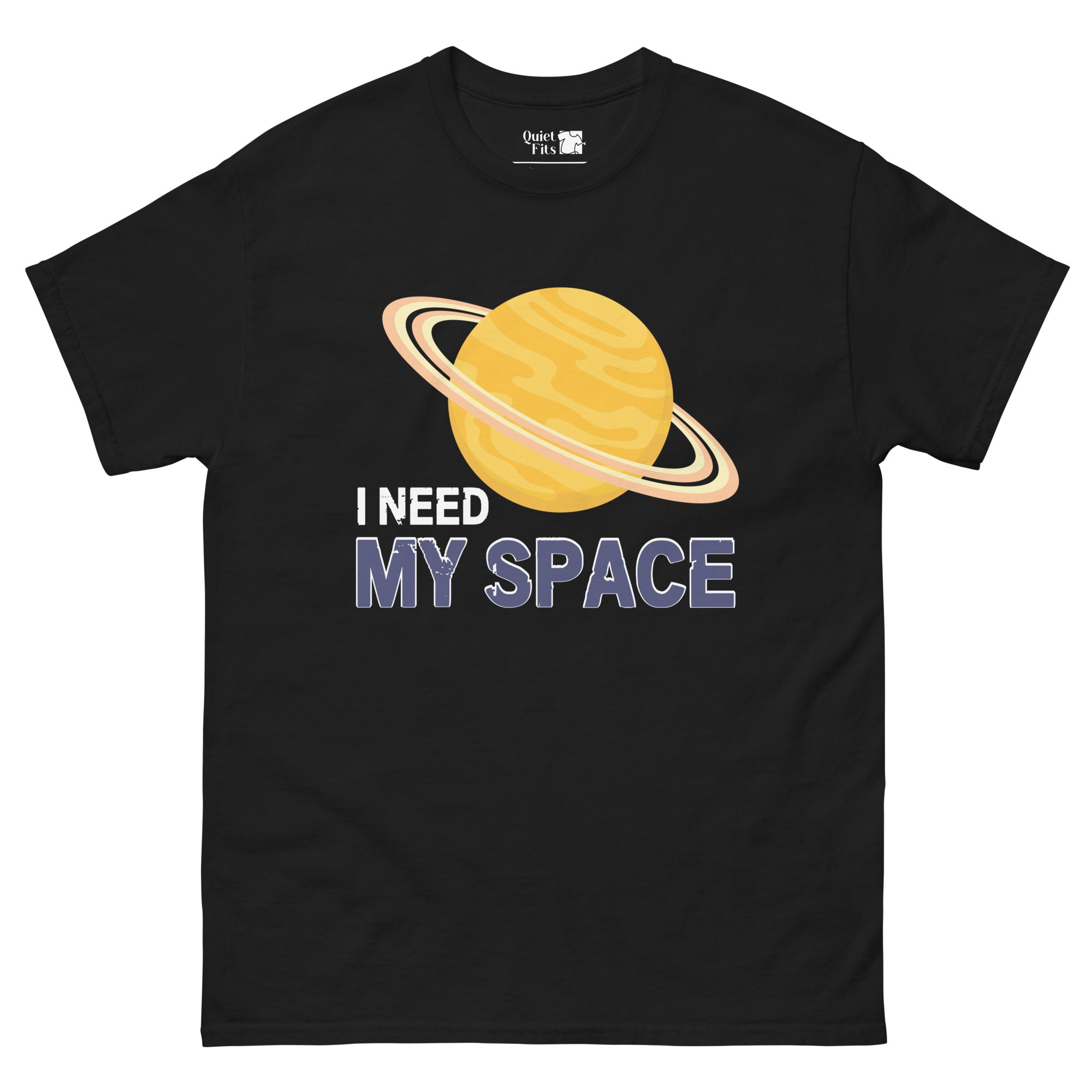  A cartoon depiction of the planet Saturn with its rings, in shades of yellow and orange. Below it, the white text "I NEED" is followed by the distressed blue text "MY SPACE".