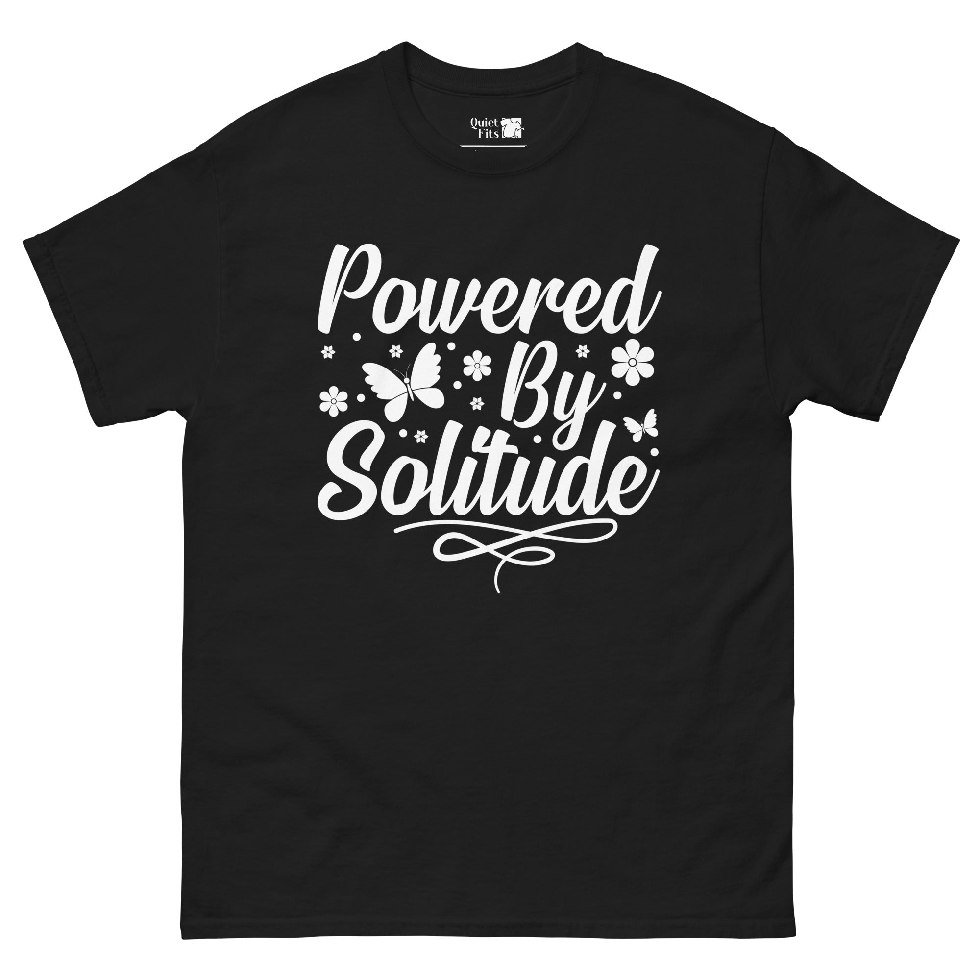 The phrase "Powered By Solitude" in white script and serif fonts, adorned with small white flowers, stars, dots, and butterflies. A decorative swirl is at the bottom.