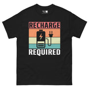 A design with three horizontal color blocks: light red, light yellow, and teal. The distressed gray text "RECHARGE" is at the top, and "REQUIRED" is at the bottom. In the center, a gray battery icon with a lightning bolt is connected to a gray power plug.