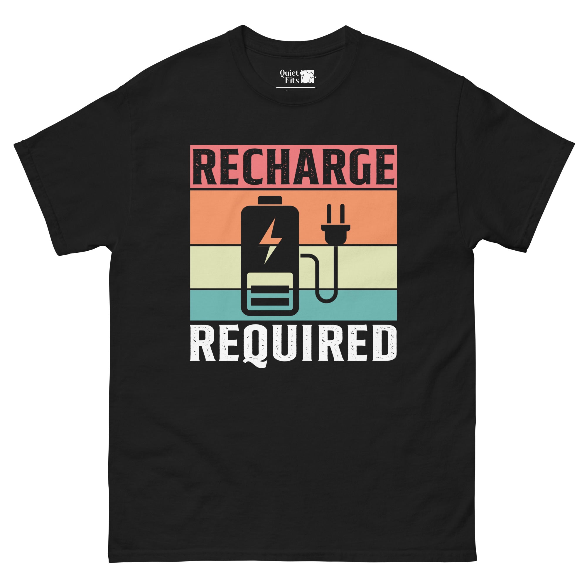 A design with three horizontal color blocks: light red, light yellow, and teal. The distressed gray text "RECHARGE" is at the top, and "REQUIRED" is at the bottom. In the center, a gray battery icon with a lightning bolt is connected to a gray power plug.