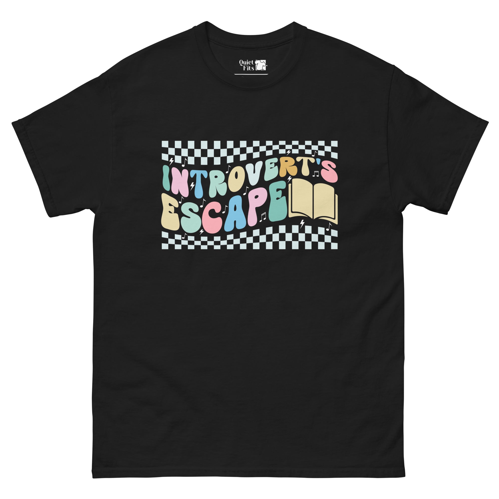 The phrase "INTROVERT'S ESCAPE" in a bubbly, multi-colored font, with musical notes and lightning bolts scattered around. An open book is to the right of the text. Checkered patterns in light blue and white are at the top and bottom.