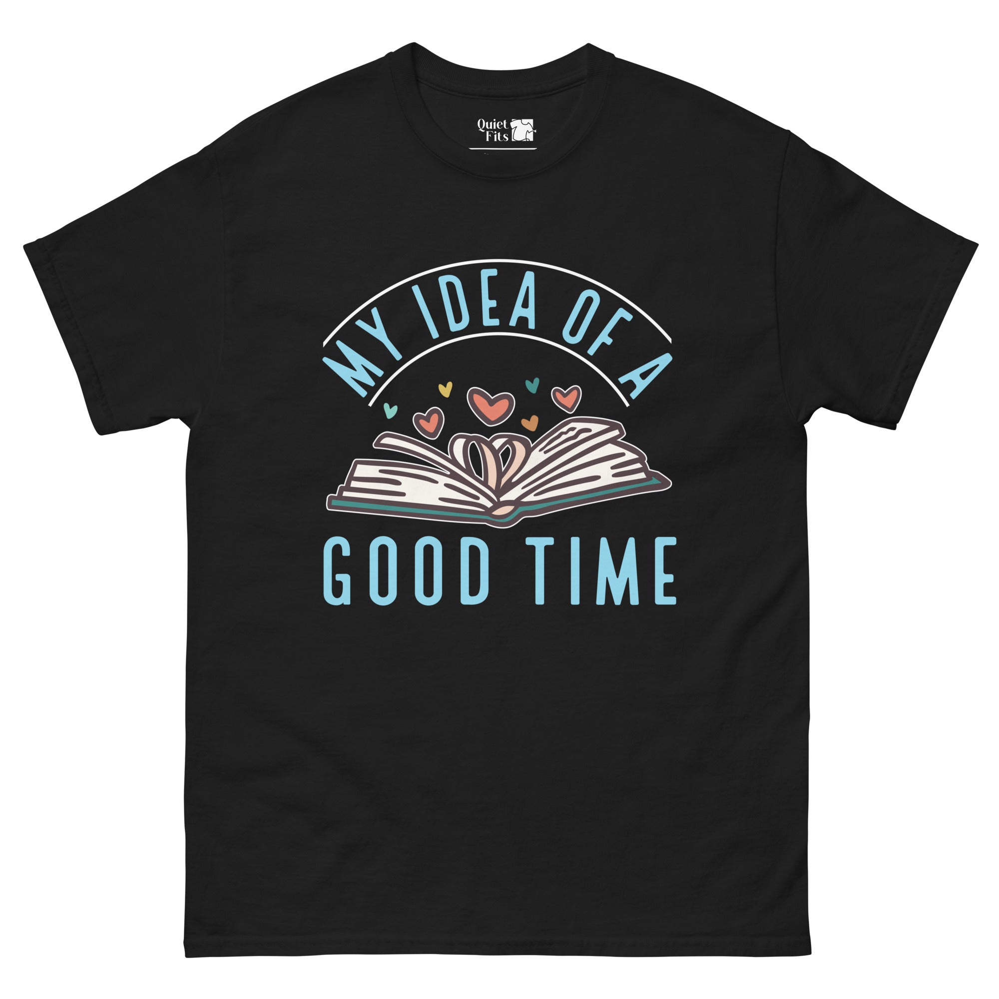 An open book with hearts and small shapes floating above it. The light blue text "MY IDEA OF A" curves above the book, and "GOOD TIME" is below it.