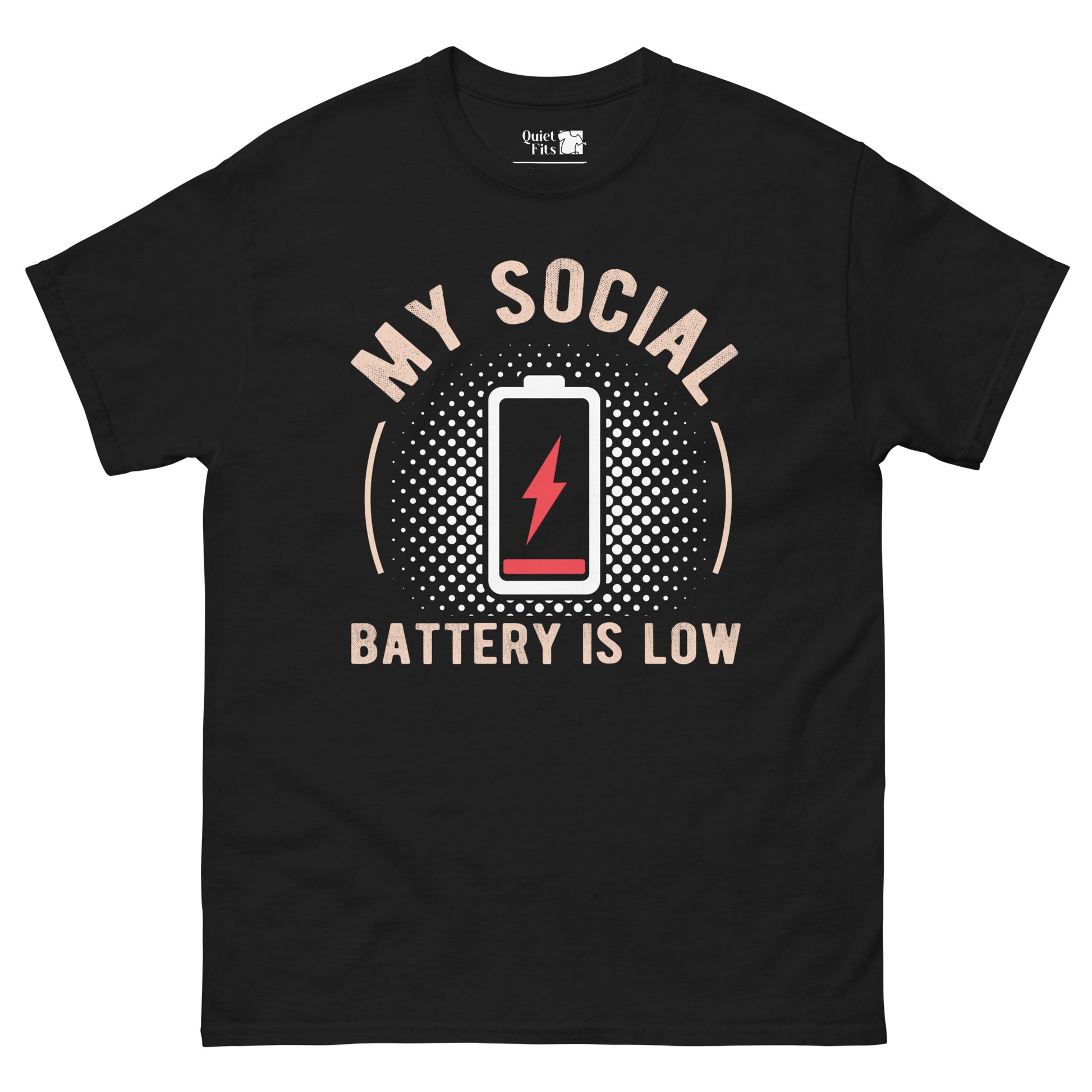 a retro book design, a low battery indicator with "MY SOCIAL BATTERY IS LOW,"