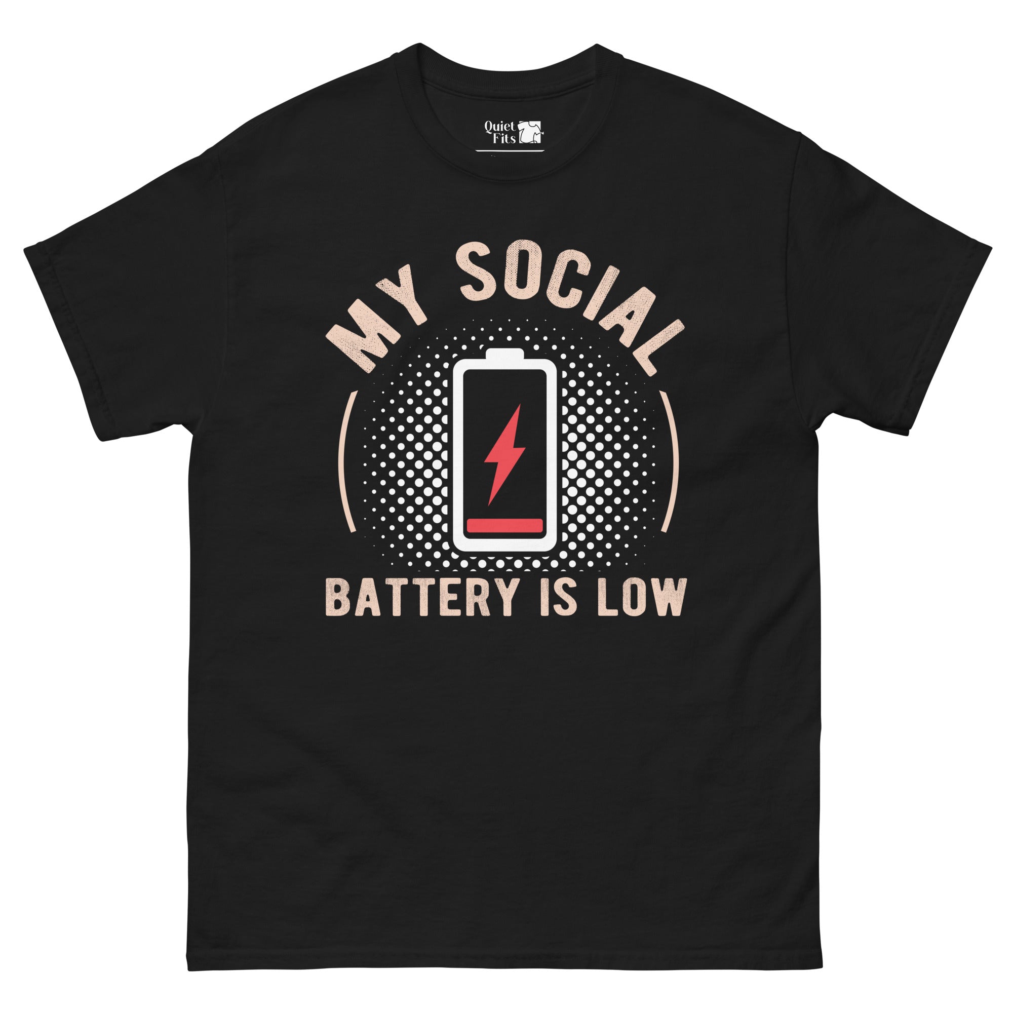 a retro book design, a low battery indicator with "MY SOCIAL BATTERY IS LOW,"
