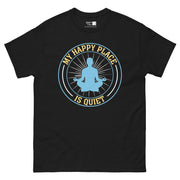 A circular design with a blue outline and a meditating person in blue silhouette at the center, surrounded by white radiating lines. The yellow text "MY HAPPY PLACE" curves along the top of the circle, and "IS QUIET" curves along the bottom.