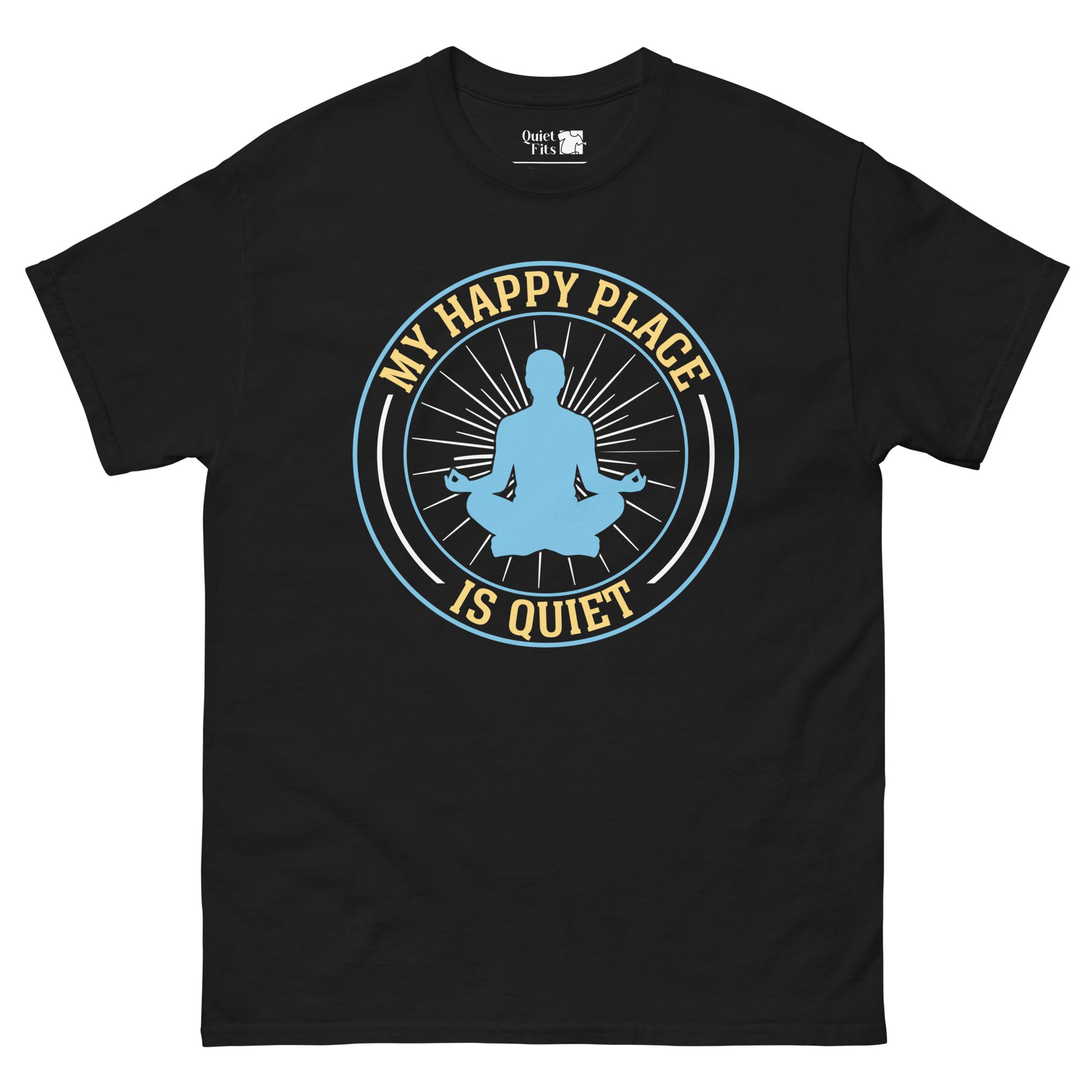 A circular design with a blue outline and a meditating person in blue silhouette at the center, surrounded by white radiating lines. The yellow text "MY HAPPY PLACE" curves along the top of the circle, and "IS QUIET" curves along the bottom.