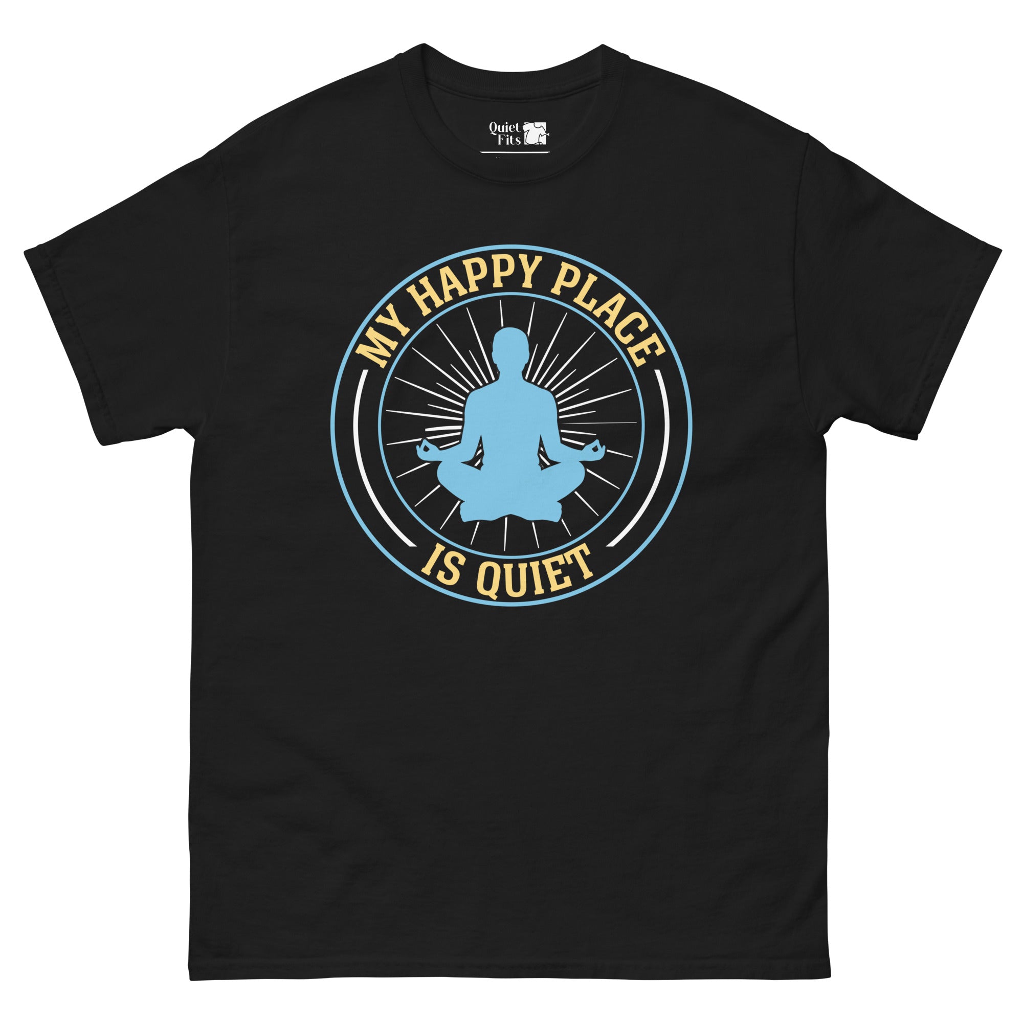 A circular design with a blue outline and a meditating person in blue silhouette at the center, surrounded by white radiating lines. The yellow text "MY HAPPY PLACE" curves along the top of the circle, and "IS QUIET" curves along the bottom.