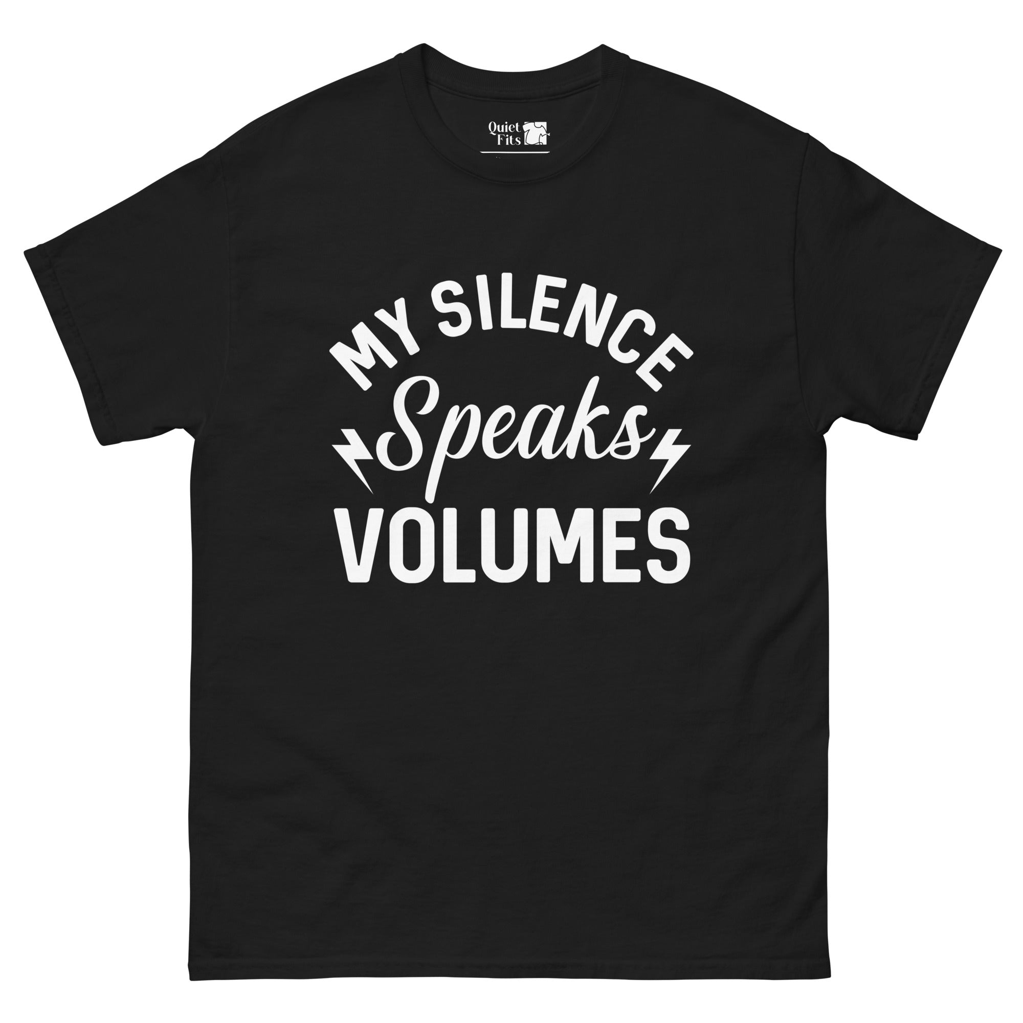 The phrase "MY SILENCE Speaks VOLUMES" in white text on a black background. "MY SILENCE" and "VOLUMES" are in a bold, blocky font, while "Speaks" is in a flowing script font. Horizontal lines and lightning bolt shapes accent the design.