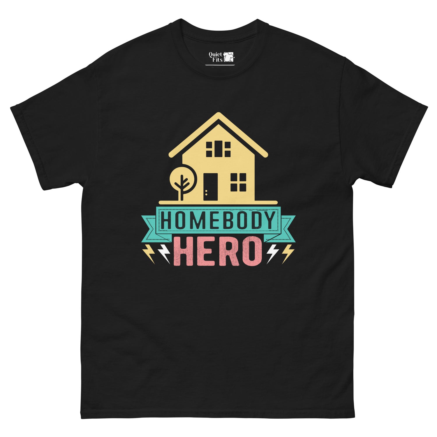 A yellow house icon with a tree next to it. Below the house is a teal banner with the faint text "HOMEBODY" and the prominent pink text "HERO" with white and yellow lightning bolts on either side.