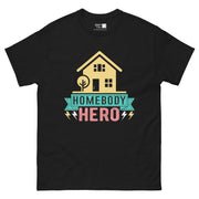 A yellow house icon with a tree next to it. Below the house is a teal banner with the faint text "HOMEBODY" and the prominent pink text "HERO" with white and yellow lightning bolts on either side.