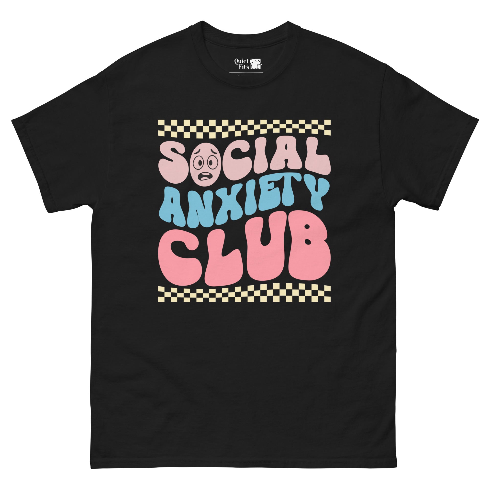 The text 'SOCIAL ANXIETY CLUB' in a playful, bubbly font. 'SOCIAL' and 'CLUB' are pink, and 'ANXIETY' is blue. There are checkered patterns in yellow and white at the top and bottom.