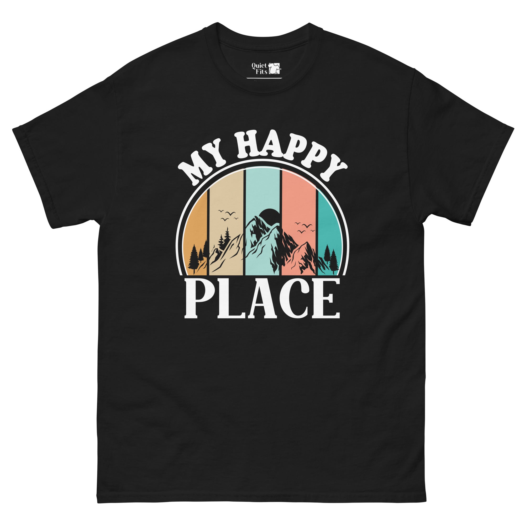 A circular design with a blue outline and a meditating person in blue silhouette at the center, surrounded by white radiating lines. The yellow text "MY HAPPY PLACE" curves along the top of the circle, and "IS QUIET" curves along the bottom.