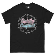 The phrase "Quietly Confident" in a playful, layered script font. "Quietly" is pink, and "Confident" is light blue. Both words have a white outline. The text is surrounded by a white floral wreath with small dots and small white dots.