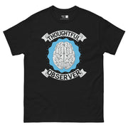 A brain graphic centered on a blue, wavy background with a dotted border. The text "THOUGHTFUL" is on a grey banner above the brain, and "OBSERVER" is on a grey banner below it.