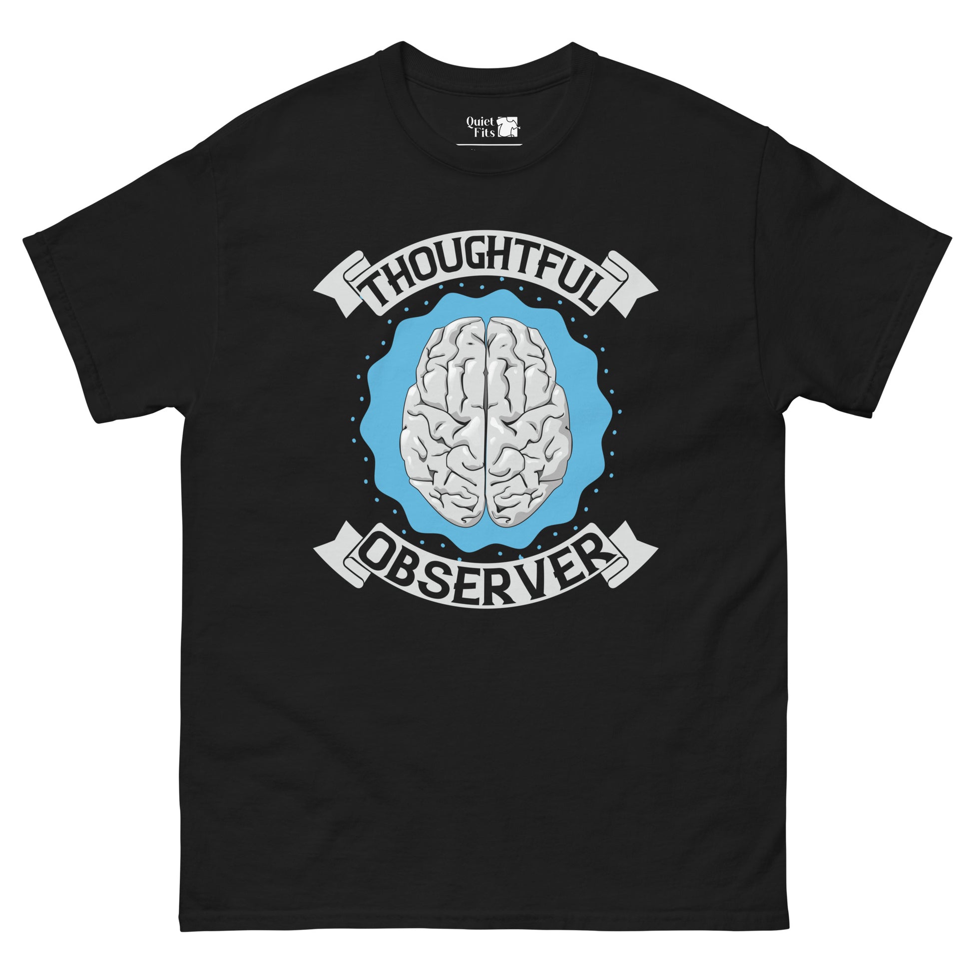 A brain graphic centered on a blue, wavy background with a dotted border. The text "THOUGHTFUL" is on a grey banner above the brain, and "OBSERVER" is on a grey banner below it.