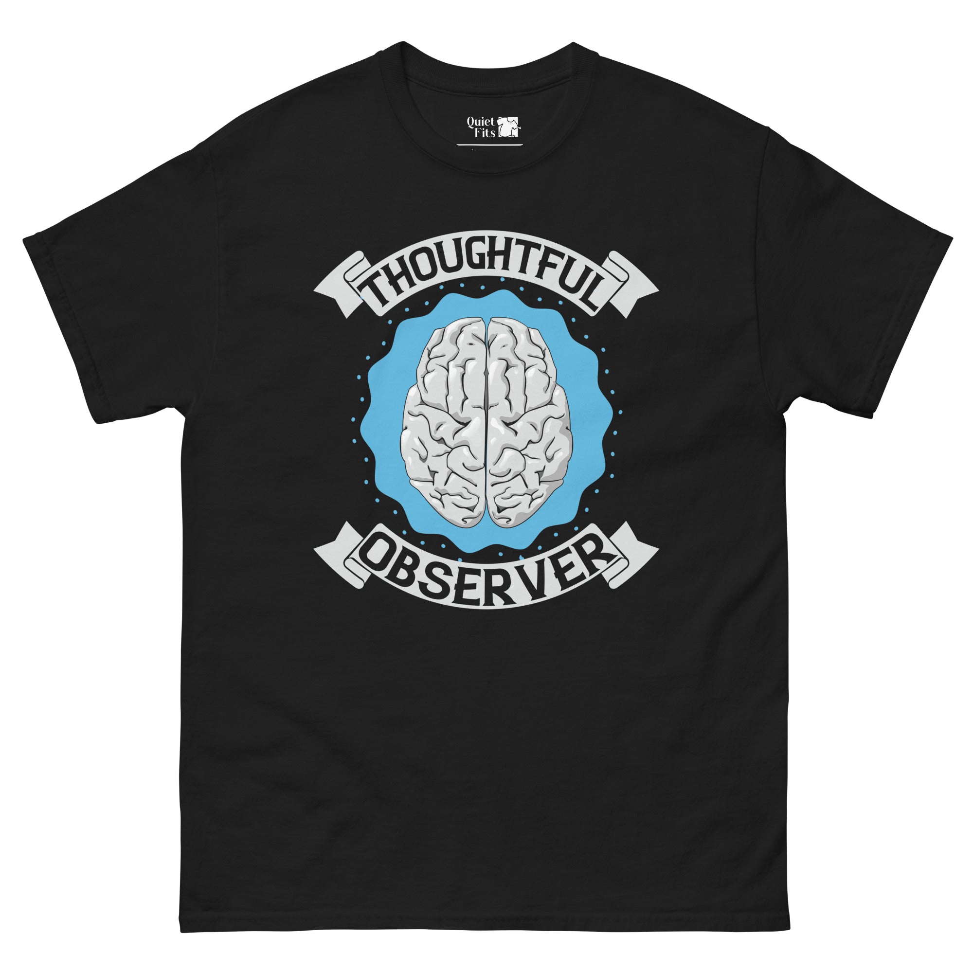 A brain graphic centered on a blue, wavy background with a dotted border. The text "THOUGHTFUL" is on a grey banner above the brain, and "OBSERVER" is on a grey banner below it.